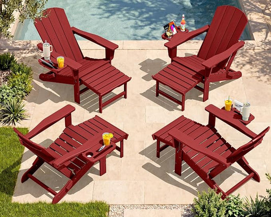 SERWALL Folding Adjustable Adirondack Chairs with Footrest Set of 4, HDPE Outdoor Chair with 4-in-1 Cup Holders, All Weather Adirondack Chair with Ottoman, Red