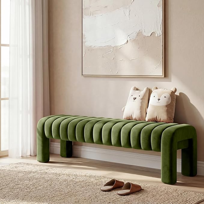 63” Dining Room Bench, Olive Green Tufted Upholstered End of Bed Bench, Modern Entryway Ottoman Window Seat with Solid Wood Legs and Padded Seat for Bedroom, Hallway and Living Room (Velvet)