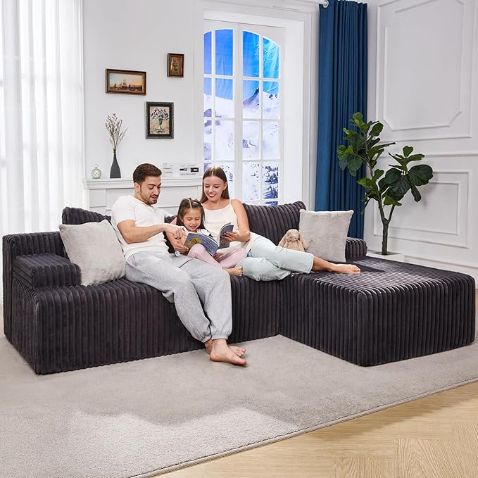 Hobestluk Modular Sectional Sofa Boneless Couch L-Shape Couch 3 Seat Modular Couch Memory Foam Sectional Couches for Living Room Furniture, Cloud Couch Lounge (Grey Stripe, 98" Right Facing Chaise)