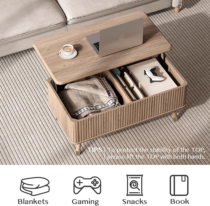 JOINICE Lift Top Coffee Table with Storage,Natural Wood Center Table for Living Room, Modern Farmhouse Oak Fluted Design,Pop-Up Desk for Work & Dining