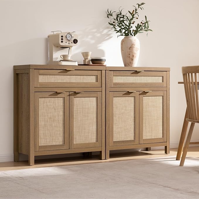 SICOTAS Sideboard Buffet Cabinet Set of 3, Rattan Credenza Storage Cabinet, Boho Buffet Table Console Cabinets with Drawer, Farmhouse Coffee Bar for Living Room, Natural Oak