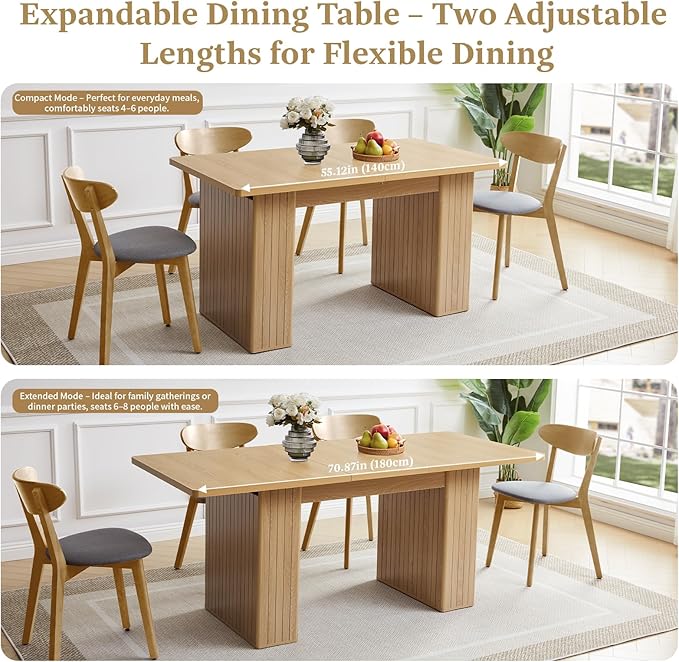 55 in–71 in Extendable Rectangular Dining Table for 4–6, Modern Farmhouse Expandable Kitchen Table with Carved Line Base, Wooden Dinner Table for Kitchen Living Room Home Office (Natural)