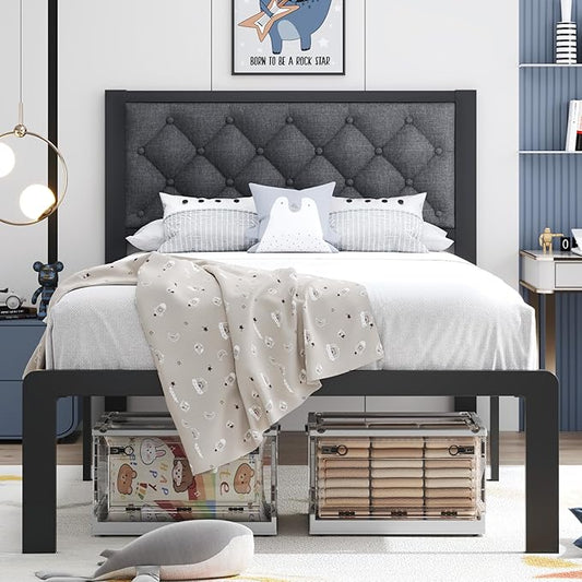 HISOFT Twin Bed Frame with Upholstered Button Tufted Headboard, Bed Frame Platform Metal Slats Support, Under Bed Storage, No Box Spring Needed, Noise-Free, Easy Assembly, Grey