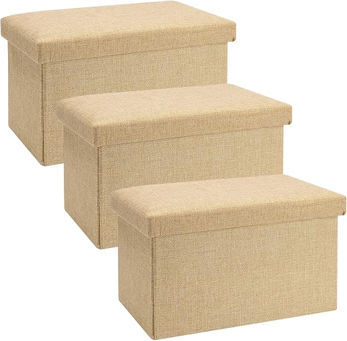 HOZEON 3 Pack 15.7 x 9.8 x 9.9 Inches Folding Storage Ottoman, Khaki Rectangle Footrest Seat, Multifunctional Foot Stool for Living Room, Office, Traveling, Fishing, Camping