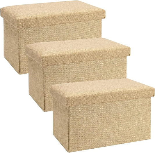 HOZEON 3 Pack 15.7 x 9.8 x 9.9 Inches Folding Storage Ottoman, Khaki Rectangle Footrest Seat, Multifunctional Foot Stool for Living Room, Office, Traveling, Fishing, Camping