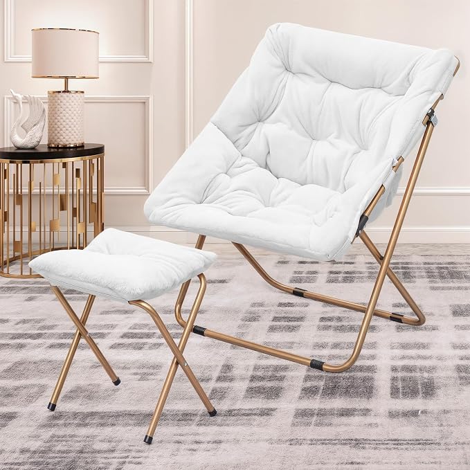 MoNiBloom Square Folding Faux Fur Saucer Chair for Bedroom Living Room Dorm Foldable Metal Frame Oversized Large Comfy Furry Padded Soft Cozy Moon Chair with Footrest Ottoman for Adults (White)