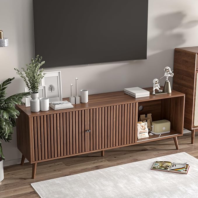Oubayajia Mid Century Modern TV Stand for Televisions up to 70 Inches, with Sliding Doors and Storage, Television Stands, TV Consoles, Media Consoles for Living Room, 63 Inch (Walnut)