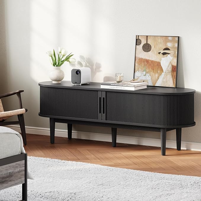 LINSY HOME 58" Fluted TV Stand for TVs up to 65 Inch, Mid Century Modern Entertainment Center with Storage Cabinet and Sliding Doors, Farmhouse Wood Media TV Console for Living Room, Bedroom, Black