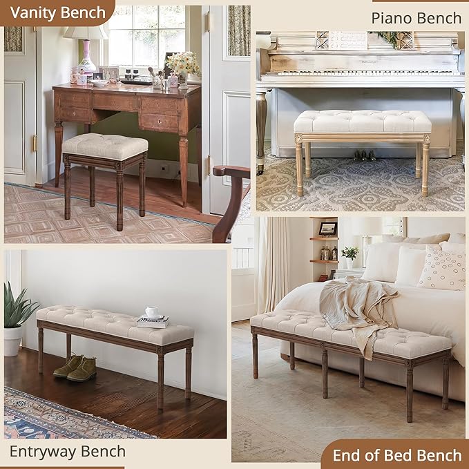 LUE BONA 44" Bedroom Bench, Fabric End of Bed Bench, Upholstered French Tufted Ottoman Bench with Carved Dark Brown Wood Legs for Bedroom End of Bed, Living Room, Linen