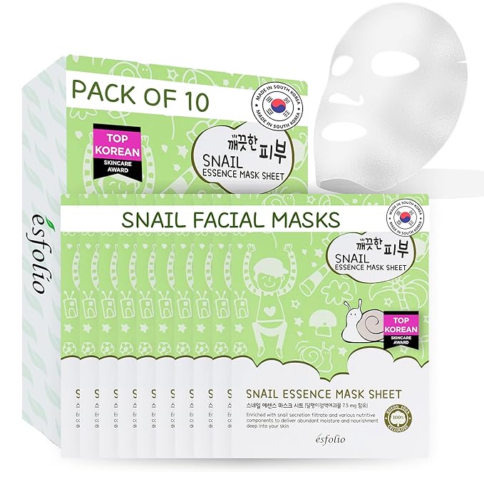esfolio Snail Essence Mask Box – Hydrating & Repairing Sheet Masks, Korean Skincare for Moisturizing, Soothing, and Skin Renewal, Anti-Aging Face Mask for All Skin Types (Pack of 10)