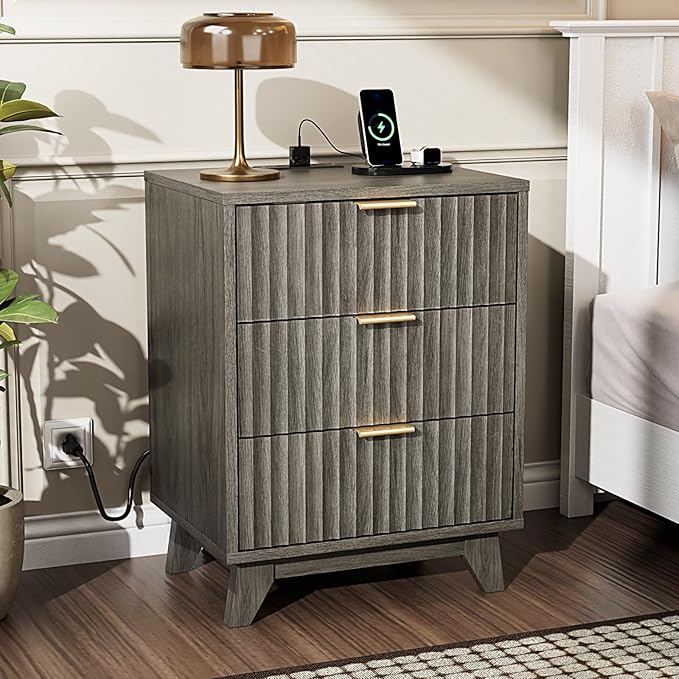 VINGLI Gray Nightstands Set of 2 with Charging Station, Fluted Nightstand 3 Drawers Grey Night Stand for Bedroom, Fluted Grey Bedside Table/End Table/Side Table, 17.72" W*13.78" D*23.62" H, 2 pcs