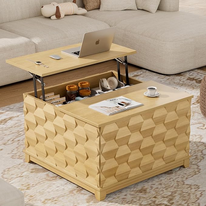 BROTTAR Lift Top Coffee Table, 31.5'' Square Coffee Table with with Storage, Farmhouse Coffee Tables with Hidden Storage, Center Table with Embossed Texture for Living Room, Home Office, Natural