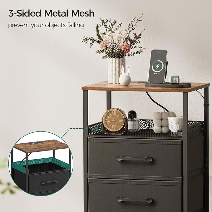 JARHETUN Nightstand Set of 2 with Charging Station, Night Stands with LED Lights, 26.4 Inch Tall Bedside Table with Metal Shelf, Side Table with 2 Fabirc Drawers for Bedroom, Rustic Brown
