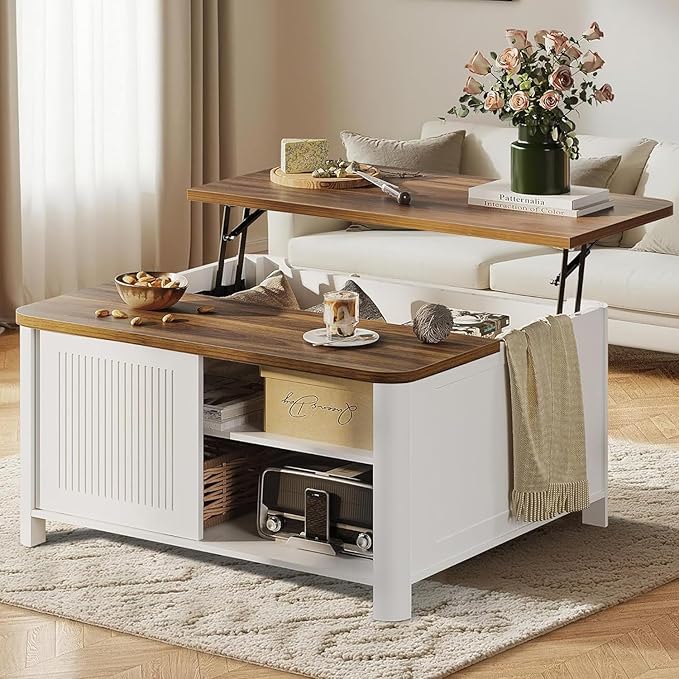 Decofy Lift Top Coffee Table with Storage Mid Century Modern Square Coffee Tables for Living Room, Large Hidden Storage Compartment, Adjustable Shelves & Sliding Door