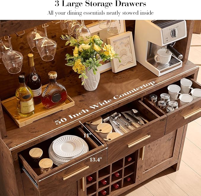 77" Tall Wine Bar Cabinet with Storage Hutch and 3 Drawers, Coffee Bar Cabinet with LED Lights and 24 Bottle Wine Rack for Home Dining Room Kitchen, Dark Burl