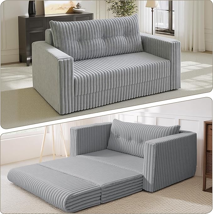 HABUTWAY 41.3" Loveseat Boneless Couch, 4-in-1 Convertible Sofa Bed, Plush Fur Folding Futon Sofa Bed Couches with a Pillow for Living Room, High-Density Foam Support, No Assembly Required, Light Grey