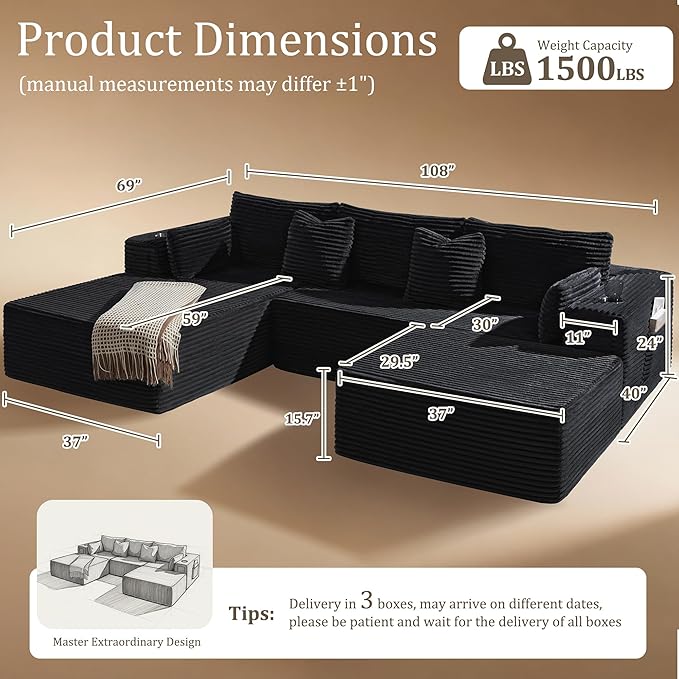 108" Oversized Cloud Sectional Couch, Comfort U Shaped Sofa for Living Room, Extra Deep Seats No Assembly, Minimalist Modular Couch, Corduroy (Black, 2 Seater+Left Facing Chaise+Ottoman)
