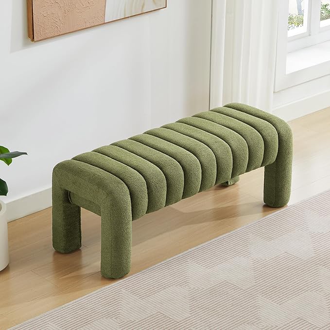 43.3" Dining Room Bench, Green Tufted Upholstered End of Bed Bench, Modern Entryway Ottoman Window Seat with Solid Wood Legs and Padded Seat for Bedroom, Hallway and Living Room (Boucle)