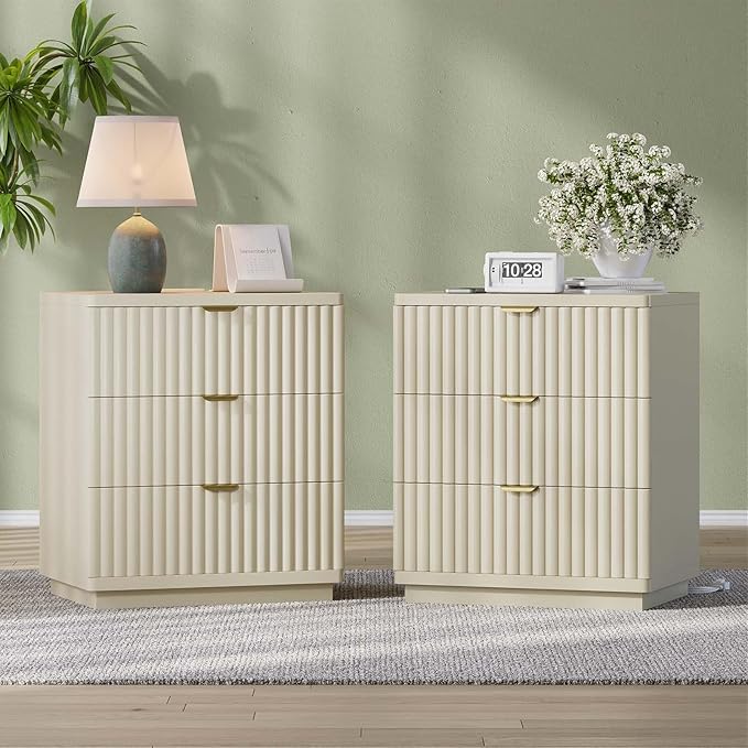 Nightstand with Charging Station, Wood Night Stand with 3 Drawers Storage Bedside Table Large Fluted Bed Side End Table, Modern Nightstand for Bedroom Living Room (Beige)