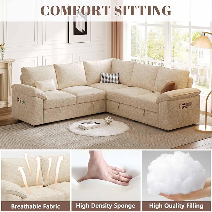 85 Inch Modular Sectional Sofa with Pull Out Bed, L Shaped 5 Seat Sectional Sleeper Sofa with Storage, Sectional Couches for Living Room, Cloud Modular Couch, Removable Sofa Cover, Beige