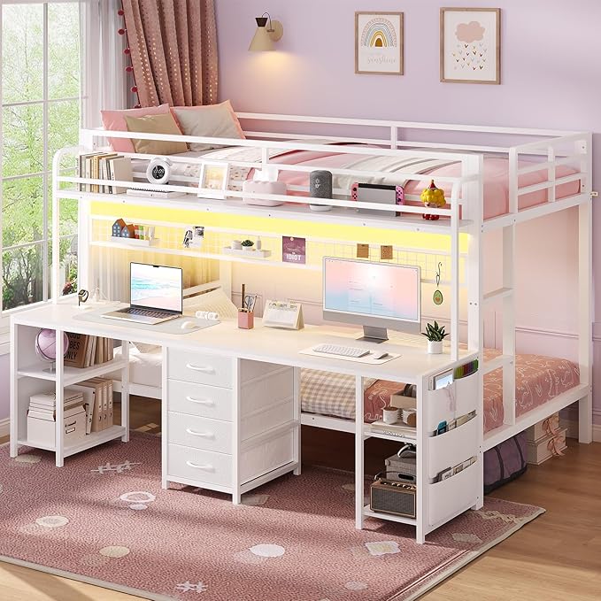ADORNEVE Bunk Bed Twin Over Twin with 2 Person Desk, LED Lights Twin Bunk Bed with 4 Drawers,Storage Rack, 4 Shelves and Power Outles,Metal Twin Bunk Beds with Guardrail for Kids/Teens Bedroom, White