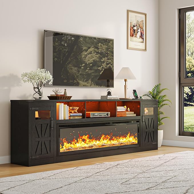 Fireplace TV Stand for 100 Inch TV, 95" Farmhouse Entertainment Center with 60" Electric Fireplace & LED Lights, Large Media Console for Living Room, Rustic Barn Doors, Power Outlets,Black