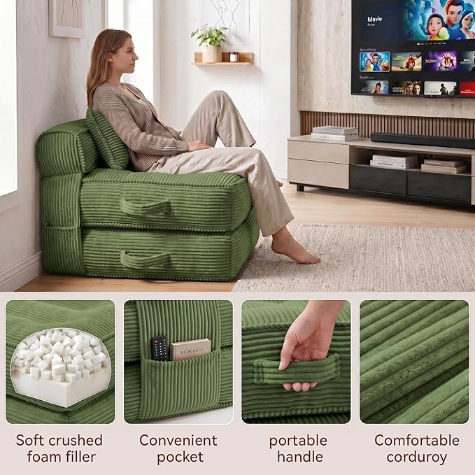 Folding Sofa Bed, Convertible Sleeper Chair with Pillow Foldable Mattress with Back Support, Portable Fold Out Chair Bed Comfy Floor Couch Lounge for Living Room Bedroom Apartment Single