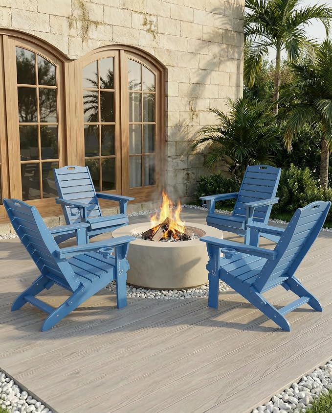 Adjustable Adirondack Chairs Set of 2 with Retractable Ottoman, HDPE Folding Adirondack Chair with Cup Holders, Weather Resistant for Backyard, Poolside & Fire Pit(Navy Blue)