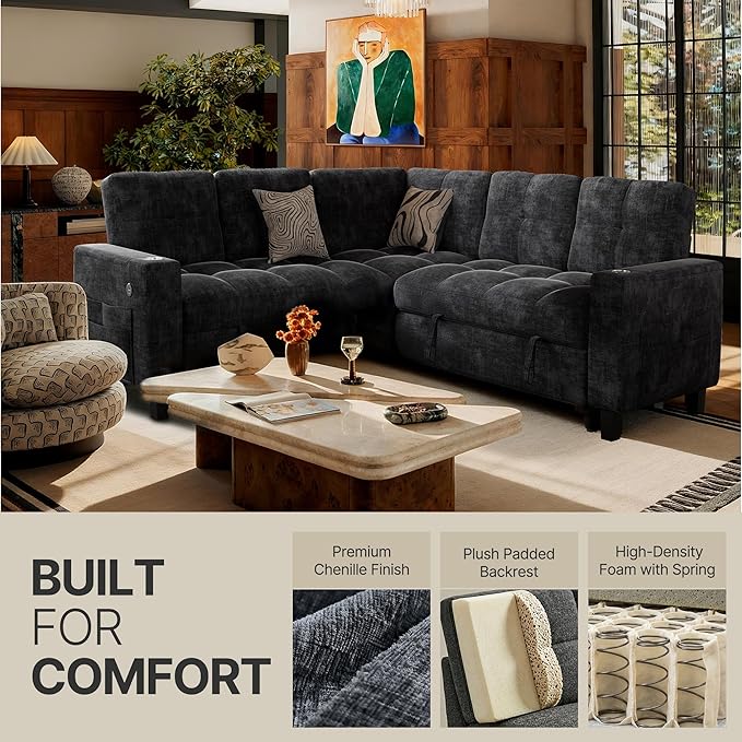 Marsail 84.6" Sectional Sleeper Sofa with Pull Out Bed, 5 Seat Modular Sectional Couch with Storage, USB & Cup Holders, Modern Chenille Cloud Sofa for Living Room, Dark Gray