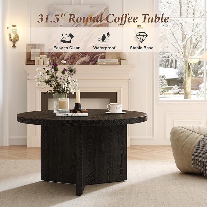 Luoxiao 27.5" Round Black Coffee Table, Modern Wood Grain Center Table with Triangle Pedestal Base, Low Profile Circular Accent Table for Living Room, Small Spaces & Apartments, Easy Assembly