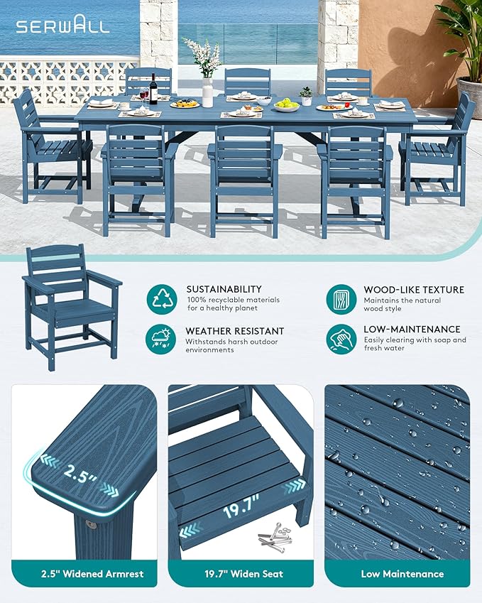 SERWALL Outdoor Dining Chairs Set of 2, All-Weather HDPE Patio Chair with 19.7" Widened Seat, for Backyard, Garden, Blue