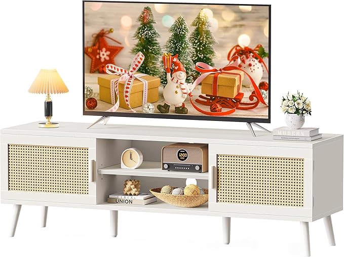 SUPERJARE TV Stand for 65 Inch TV, Entertainment Center with Adjustable Shelf, Rattan TV Console with 2 Cabinets, Media Console, Solid Wood Feet, 4 Cord Holes, for Living Room, White