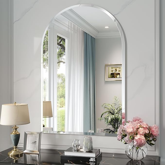 Frameless Bathroom Mirror, 24" x 36" Arched Vanity Mirror for wall Beveled, Arch Wall Mounted Bathroom Mirrors for Over Sink, Hallway, Living Room, Bedroom