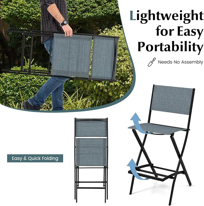 COSTWAY Outdoor Patio Bar Chair Set of 6, Folding Counter Height Stool with Metal Frame & Footrest, Patio Bar Stool for Balcony, Garden & Poolside (6, Blue)