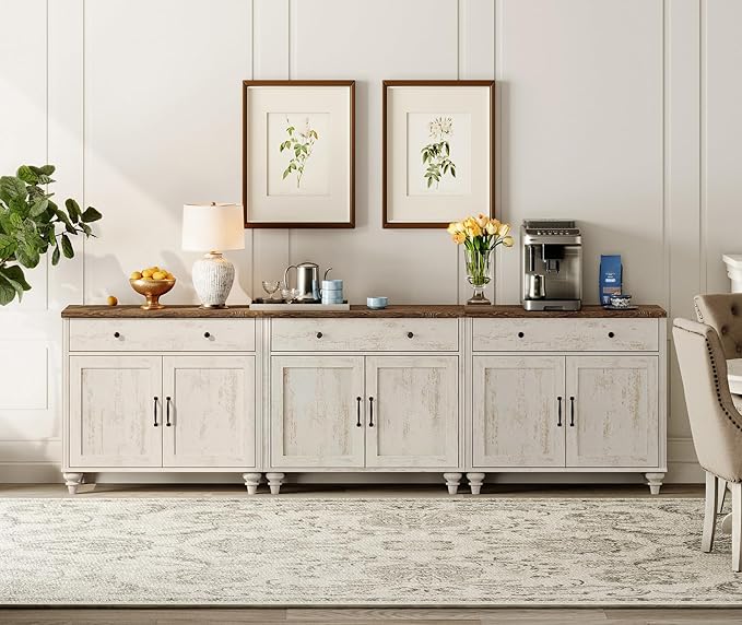 WAMAPT Rustic White Buffet Cabinet with 6 Doors and 3 Drawers, Large Coffee Bar Table Wood Kitchen Storage Cabinets, Modern Farmhouse Sideboard Credenza for Dining Room, 101 inch