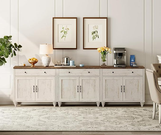 WAMAPT Rustic White Buffet Cabinet with 6 Doors and 3 Drawers, Large Coffee Bar Table Wood Kitchen Storage Cabinets, Modern Farmhouse Sideboard Credenza for Dining Room, 101 inch