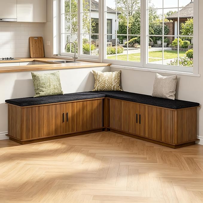 L-Shape Storage Bench with Cushion, Walnut Corner Dining Bench with Hidden Storage, Fluted Breakfast Nook Bench for Dining Room, Kitchen, Entryway, Cloakroom