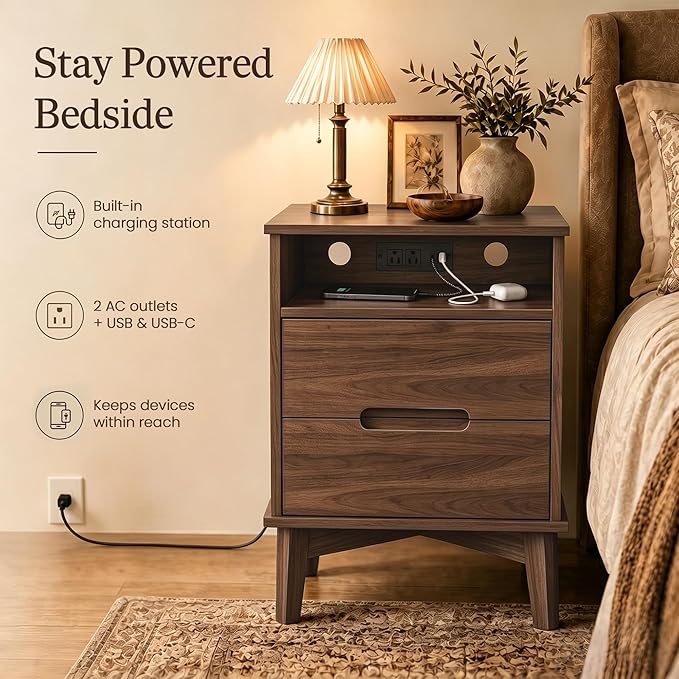 26" Tall Wood Nightstand Set of 2 with Charging Station & USB-C, Mid Century Modern Bedside Table with Solid Wood Legs, Walnut Finish with 2 Drawers