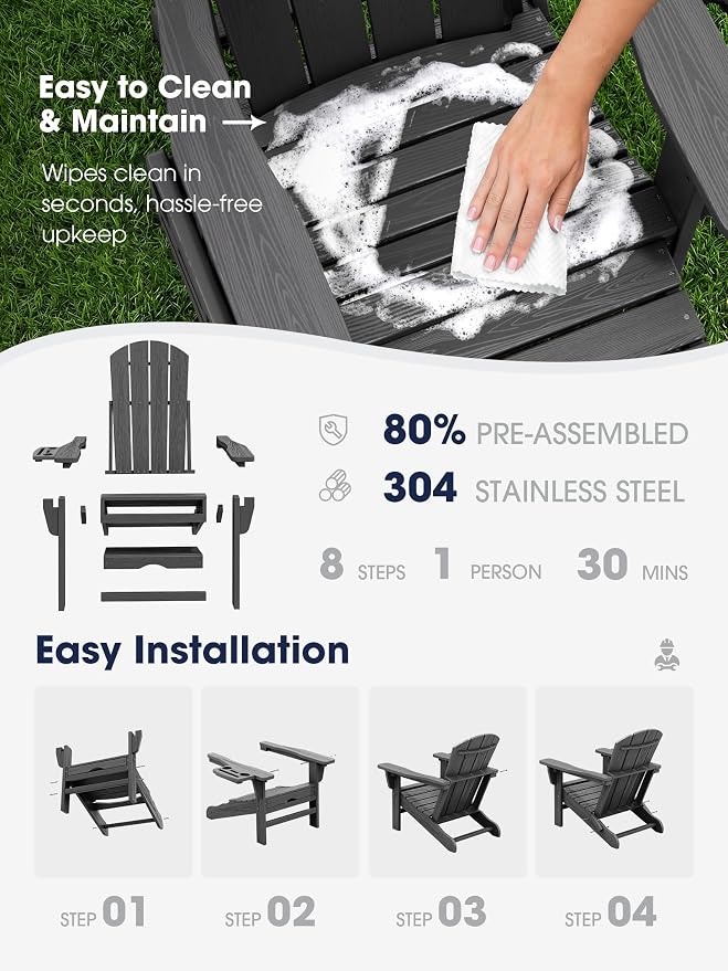 KINGYES Adjustable Folding Adirondack Chair with Footrest & 4-in-1 Multi-Functional Armrest Organizer Set of 4, HDPE Foldable Recliner Adirondack Chair with Pull-Out Ottoman, Grey