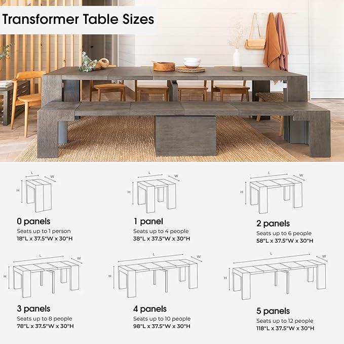 Transformer Table - Solid Wood Extendable Dining Table, Seats 2-12, Expandable Dining Room Table, Space-Saving Furniture, Kitchen and Dining Room Furniture (Dark Grey, Table + Bench)