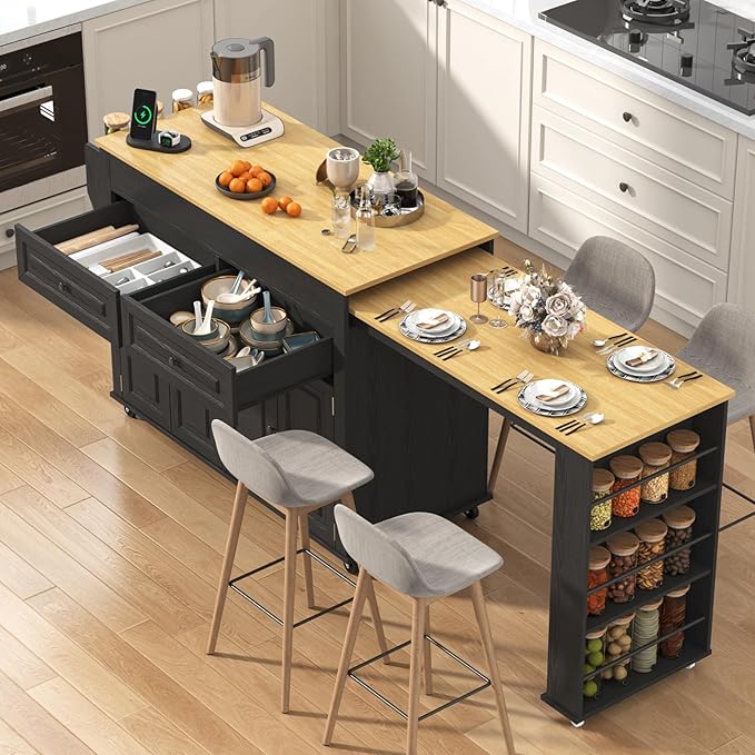80"-48" Extendable Kitchen Island with Extended Dining Table and Power Outlet,Large Mobile Kitchen Storage Islands with 2 Storage Drawers,Rolling Islands Cart with 3 Extra Rows Open Shelves(Black)
