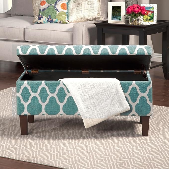 HomePop Large Upholstered Rectangular Storage Ottoman Bench with Hinged Lid, Teal Geometric