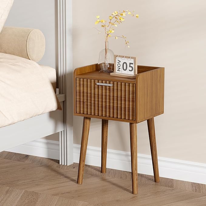 LAATOOREE Small Nightstands Set of 2, Side End Table, Bedside Table with Fluted Door, Solid Wood Feet; for Bedroom, Small Bed