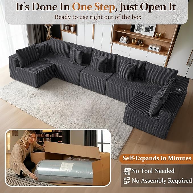 168" Cloud Sectional Couch, Comfort U Shaped Sofa for Living Room, Extra Deep Seats No Assembly, Minimalist Modular Couch, Corduroy (Dark Grey, 7 Seats,U-Shape B)