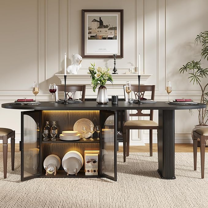 ONBRILL 70 Inch Oval Dining Table for 6-8, Modern Dining Room Table with 2-Tier Storage Space, Wood Kitchen Table with LED Light, Dinner Table with Heavy Duty Legs, Black