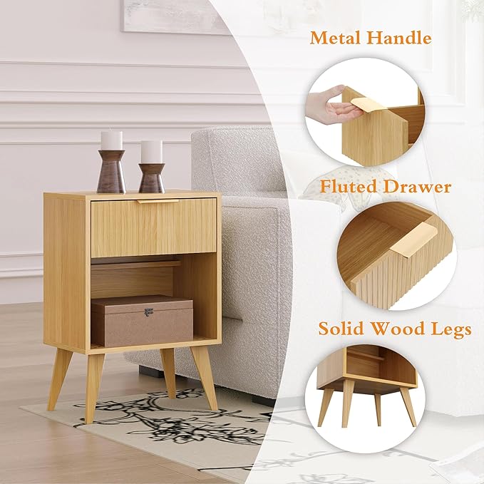 YAUKOMEL Fluted Night Stand with Opening Storage,Mid Century Bedside Table with Drawer,Wood Nightstand with Solid Wood Legs,End Table Side Table for Living Room,Bedroom,Natural CTG56Y