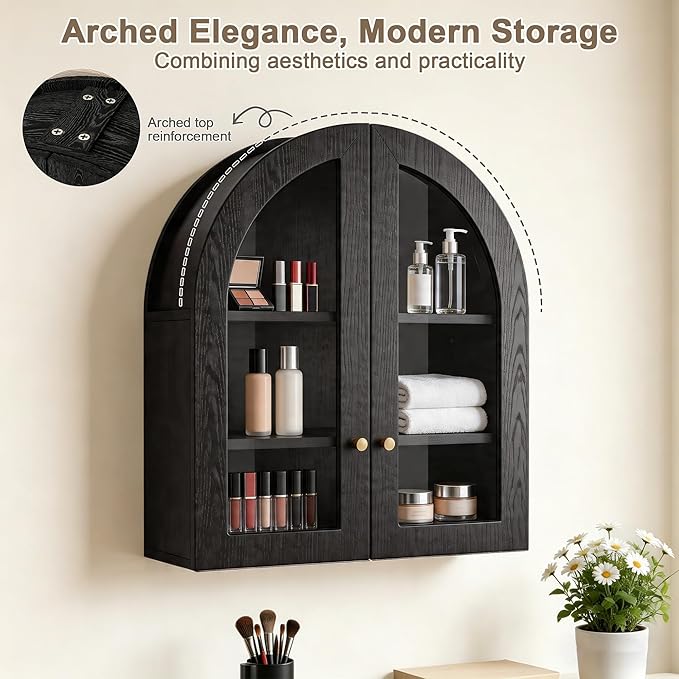Arched Wall Cabinet, Bathroom Cabinet Wall Mount with Glass Doors & Adjustable Shelf, Floating Medicine Cabinet for Bathroom, Kitchen, Living Room Storage, Black