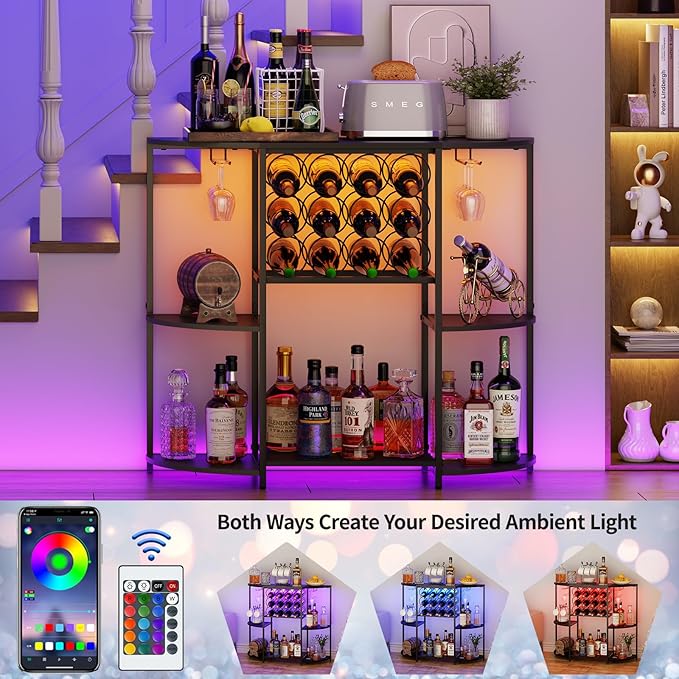 JKsmart Wine Bar Cabinet with LED Lights, Mini Wine Bar Cart with Storage and Glass Holder, Home Bar Coffee Bar for Liquor, 3-Tier Bar Table for Kitchen, Dining Room, Living Room, Black