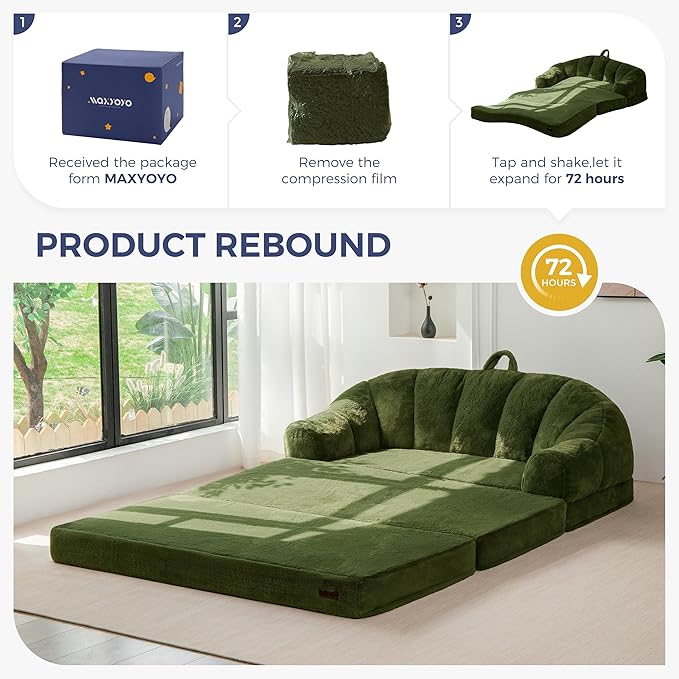 MAXYOYO Folding Sofa Bed, 2 in 1 Convertible Sofa to Lounger Comfy Loveseat Bean Bag Chair for Adults, Floor Sleeper Couch with Handle, Faux Fur Couch Bed for Living Room Bedroom, Green, Loveseat