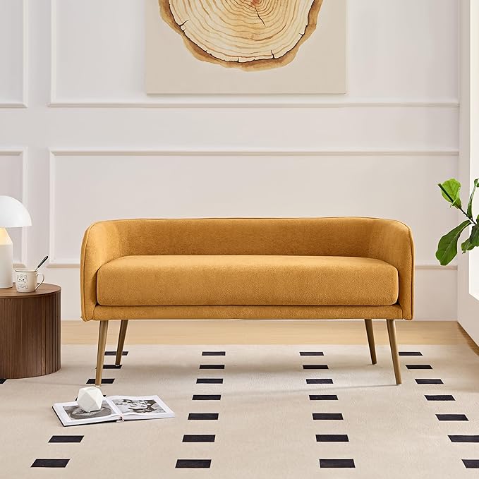 Bedroom Bench with Low Back,Inside Metal Frame, Extra Seat for Living Room,Entryway or Dinning Bench (Yellow) …